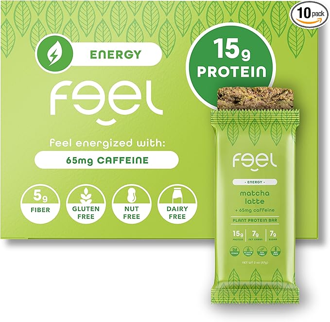 Feel Vegan Protein Bars, Energize, 65mg Caffeine, 15g Plant Protein, Organic Snack, Low Sugar, Low Carb, Gluten Free, Dairy, Nut, Grain, Soy Free, Matcha Latte, 10 Pack