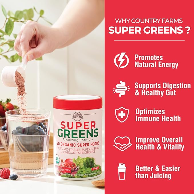 COUNTRY FARMS Super Greens Berry Flavor, 50 Organic Foods, USDA Drink Mix, Multicolor, Multi, 40 Servings, 21 Oz, 2 Pack