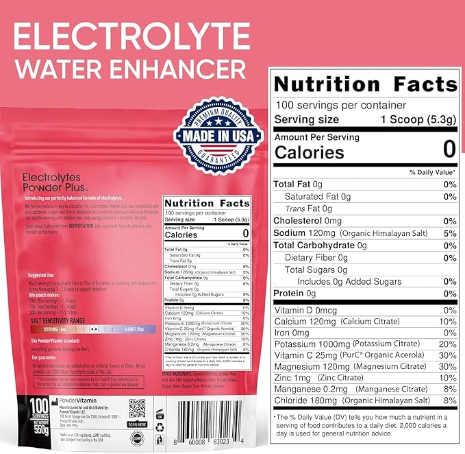 PowderVitamin Electrolytes Powder Plus (100 Servings) Raspberry Electrolyte Powder, Zero Calorie, Keto, 0 Sugar, No Maltodextrin,1000mg Potassium,120mg Calcium,120mg Magnesium, Energy Hydration Powder