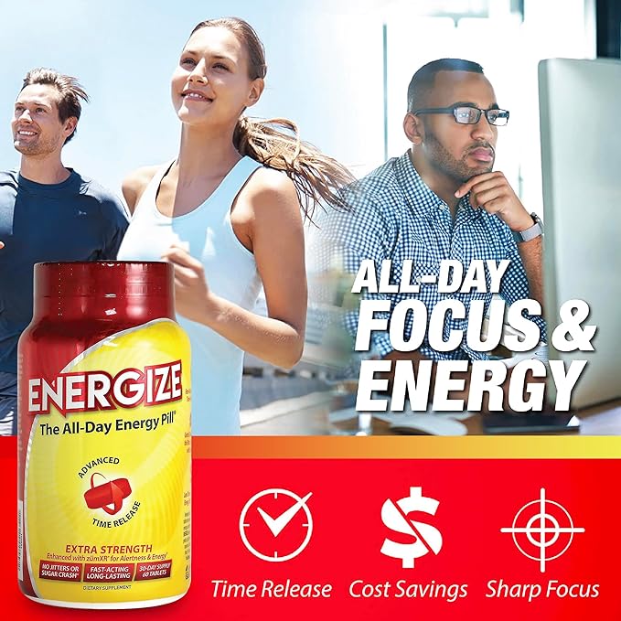 iSatori Men & Women Energize Extra Strength Caffeine Pills | Fast Acting Long-Lasting Energy Pill | Extended Time Release Caffeine | Improved Clarity, Energy Support | No Jitters, Crash | 60 Tablets