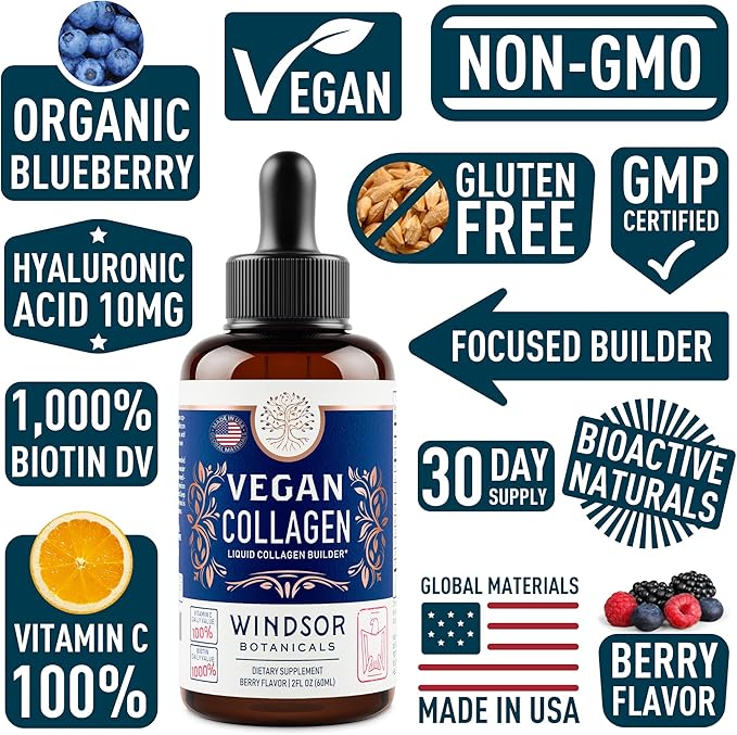 Vegan Collagen Builder Liquid Supplement - Collagen Booster with Vitamin C, Biotin, Hyaluronic Acid & Amino Acids - Organic Fruit & Vegetable Blend - 60ml, 30 Day