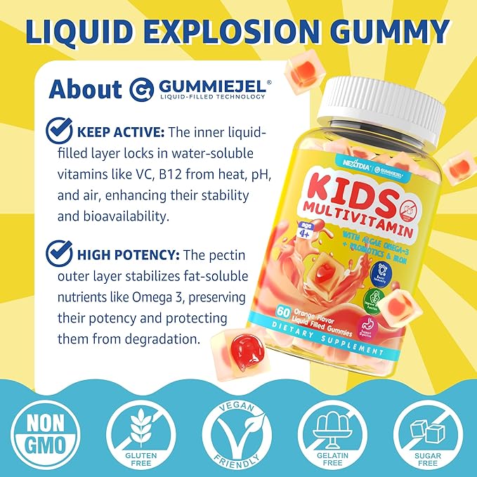(2 Pack) Kids Multivitamin Gummies with Iron, Sugar Free, Kids Daily Vitamins + Probiotics, Algae Omega 3 (EPA/DHA), A, C, D, Methyl B12, Folate, B6, Zinc, Biotin, for Healthy Growth, Immune Support