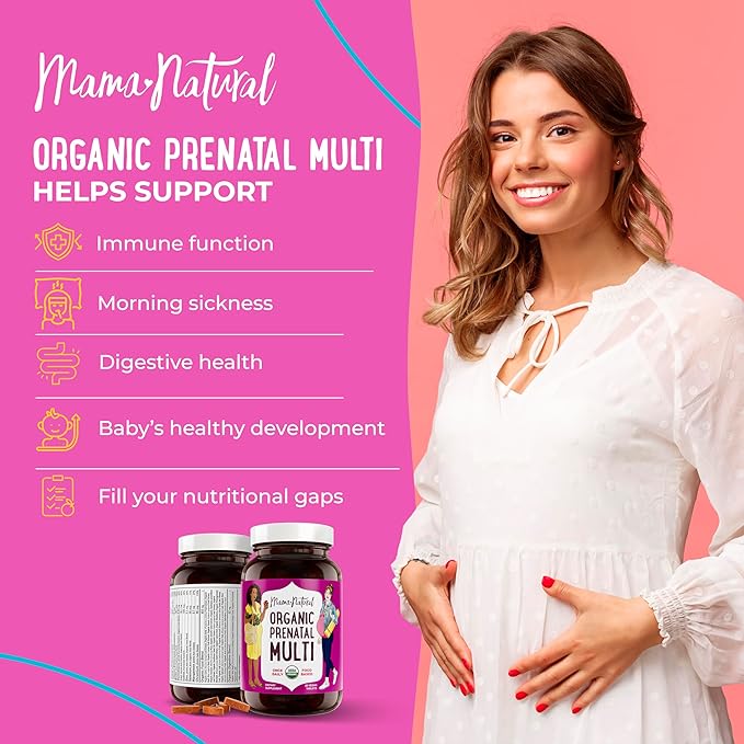 Mama Natural Organic Prenatal Vitamins for Women Vegan (30 Servings) | One A Day Prenatal Vitamins for Pregnant Women | Food Based, Non-GMO & Gluten-Free - Pre Natal Multivitamin with Folate