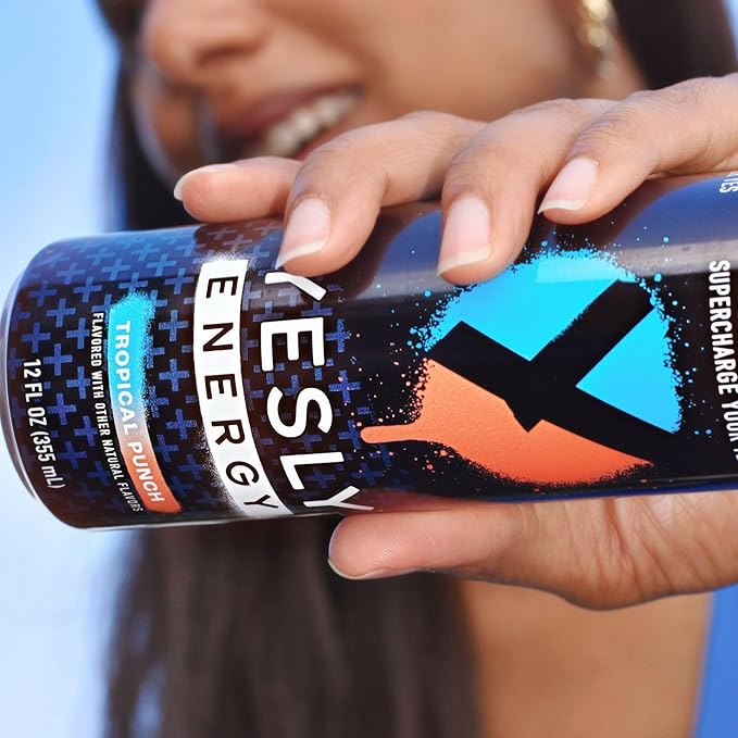 Yesly Energy Drink, Tropical Punch, Naturally Flavored Sparkling Energy Drink With Electrolytes, Magnesium, Potassium, Vitamin C, B6 & B12, Natural Caffeine From Green Tea, 12 Fl Oz Cans, 12 Pack