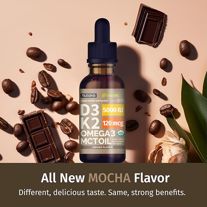 (2 Pack) Organic Vitamin D3 K2 Drops with MCT Oil Omega 3, 5000 IU, Maximum Strength Vitamin D Liquid, No Fillers, Non-GMO Liquid D3 for Faster Absorption and Immune Support (Mocha, 2 Fl Oz)