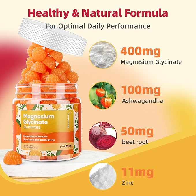 90 Count Magnesium Glycinate Gummies 400mg w/Ashwagandha Supplement - Sugar Free Zinc Magnesium Glycinate Supplement Ashwagandha Gummies for Adults Orange Flavor