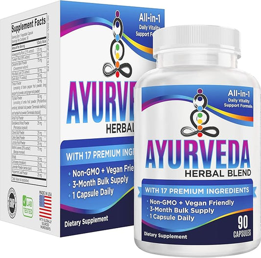 3-Month AYURVEDA Supplements (17-in-1 Blend) Premium Ayurvedic Herbs | Health & Wellness Booster Support Supplement | Strong Mind, Body & Spirit | Ayurveda Products | 90-Day Bulk Supply | 90 Capsules
