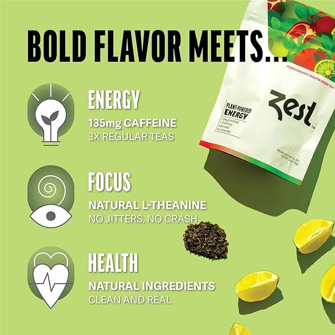 Zest 135mg High Caffeine Energy Loose Leaf Blend - Pomegranate Mojito Green Tea - 4 Oz - All Natural Strong Flavored Healthy Coffee Alternative Highly Caffeinated Substitute - Perfect for Keto