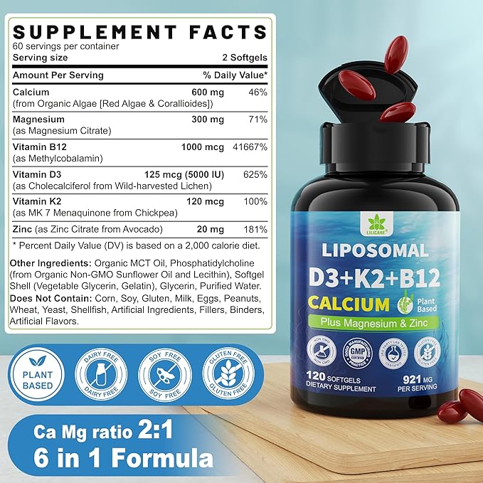 6-in-1 Liposomal Vitamin D3 K2 Calcium Supplement - Plant Based Calcium 600mg with Vegan Vitamin D3 5000 iu + Vitamin K K2 MK7 + B12, Algae Ca-lcium Magnesium Zinc for Bone, Softgels, 2 Pack