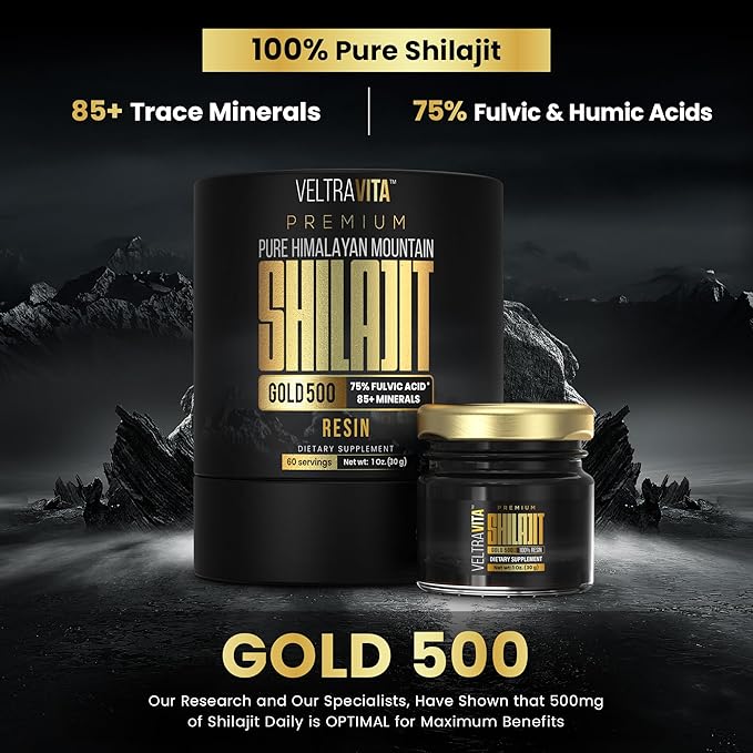 100% Pure Himalayan Shilajit Resin Gold 500 Organic | High Potency 75%+ Fulvic Acid, Humic Acid & 85+ Trace Minerals | Natural Energy & Immune Support for Men & Women | Lab Tested