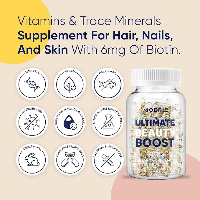Moerie Hair Growth Supplement for Women & Men - Hair Skin and Nails Vitamins With Biotin, Q10 & Minerals - For Thicker, Fuller Hair & Hair Loss Treatment - Advanced Beadlet Delivery System - 180 Pills