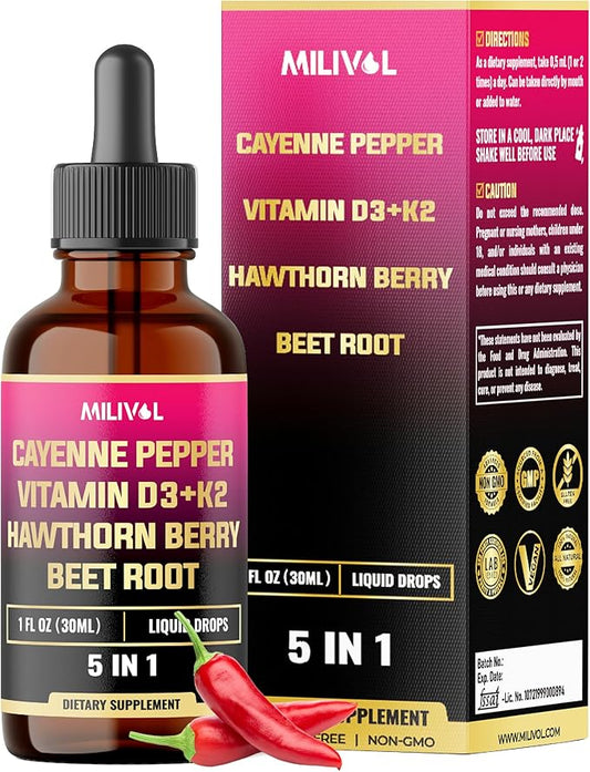 5in1 Cayenne Pepper Liquid Drops with Vitamin D3, Vitamin K2, Hawthorn Berry and Beet Root - Digestion Support - 1 FL Oz - 60 Days Supply