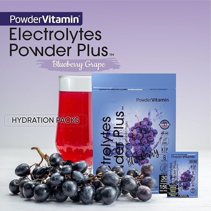 PowderVitamin Electrolytes Powder Plus, Keto, Blueberry Grape, Zero Sugar, 1000mg Potassium, 120mg Calcium, 120mg Magnesium, Non-GMO, Zero Calories, 30 Hydration Packets