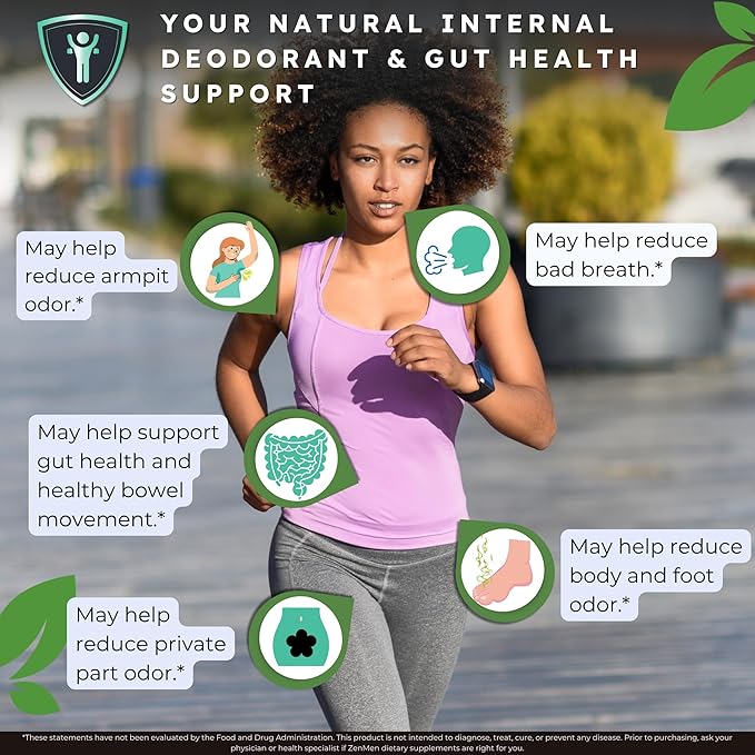 Zenmen Naturally Body Deodorizing Supplement - Body Odor Eliminator Pills - Internal Deodorant for Underarms, Intimate Areas, and Private Parts - 60 Vegan Capsules. Made in The USA