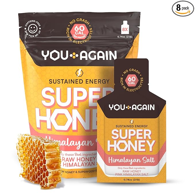 You Again Super Honey Clean Energy Gel, Honey & Himalayan Salt | Electrolyte Replenishment Running Fuel | Endurance Workouts & Cycling Gel | Paleo & Carnivore Snack | Gluten-Free | USA Made | 8-Pack