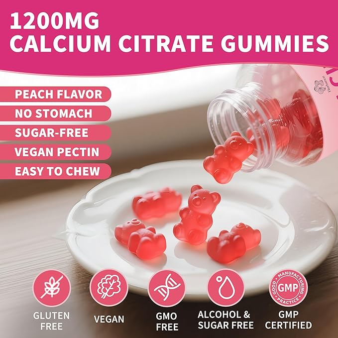 (3 Pack) Calcium Citrate Gummies 1200 mg for Adults, High Absorption Calcium Supplement for Women & Men, Sugar Free, Non-GMO, Gluten Free, Supports Muscle & Immune - Natural Peach Flavor