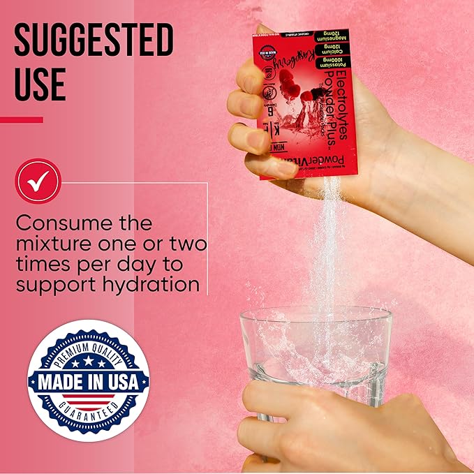 PowerVitamin Electrolytes Powder Packets - Raspberry - Keto Electrolytes for Energy - Hydration Powder with 1000mg Potassium, 120mg Magnesium, Zero Calories - 16 Hydration Packets