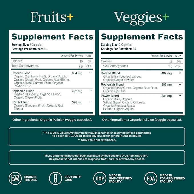 100% Organic Fruits and Veggies Supplement (USDA Organic - Made in USA) 180 Potent Fruits and Vegetable Capsules for Energy Boost & Daily Fruit and Vegetable Vitamins - Vegan, Non-GMO, Gluten-Free