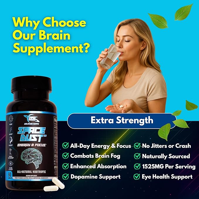 8-in-1 Premium Nootropic Brain Supplement – Focus, Energy & Mood Support – Brain Fog Relief & Reaction Time – with TeaCrine, L-Theanine, L-Tyrosine, Mucuna & More Natural Ingredients – Space Dust