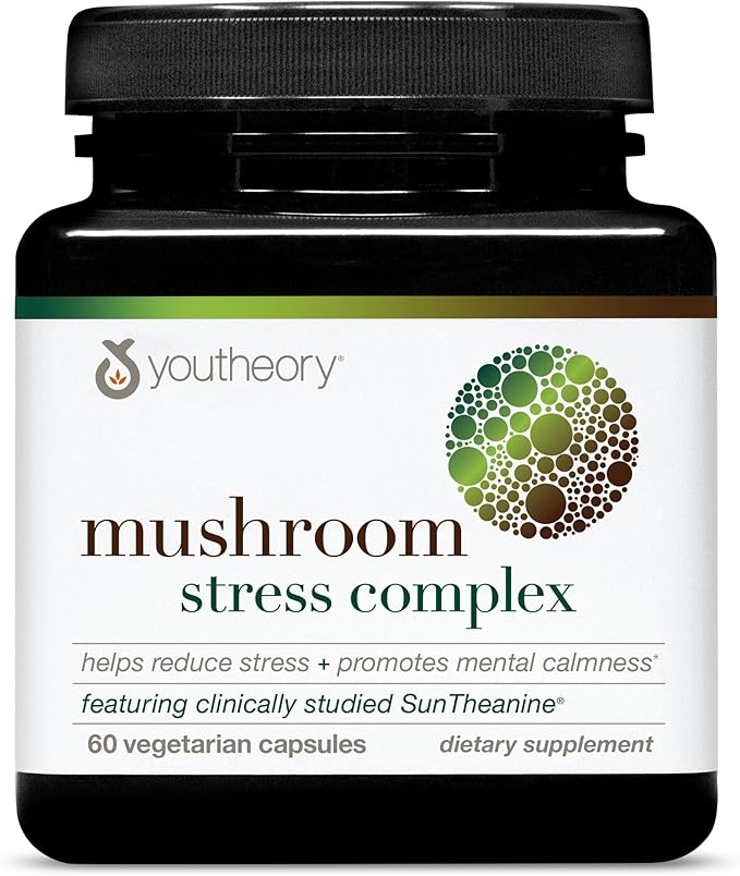 Youtheory Mushroom Stress Complex, Organic Full-Spectrum Mushrrom with L-Theanine, Help Reduce Stress and Promotes Mental Calmness, 60 Vegetarian Capsules
