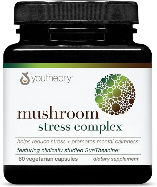 Youtheory Mushroom Stress Complex, Organic Full-Spectrum Mushrrom with L-Theanine, Help Reduce Stress and Promotes Mental Calmness, 60 Vegetarian Capsules