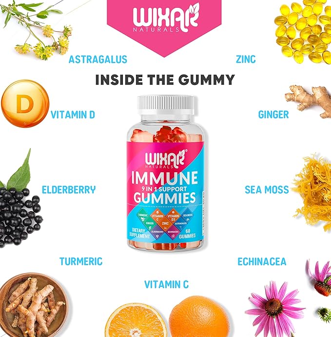 9 in 1 Immune Support Gummies with Elderberry, Vitamin C&D, Zinc, Turmeric, Ginger, Echinacea, Astragalus & Sea Moss for Immunity Supplement - 60 Gummies
