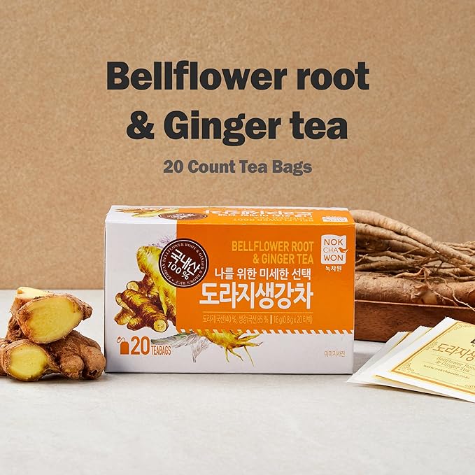 [Nokchawon] Bellflower Root Ginger Tea, Caffeine Free, Premium Pure Herbal Tea, Zero Calories Korean Tea, for Stocking Stuffers and White Elephant Gifts, 20 Count Tea Bags, 0.56oz(16g)