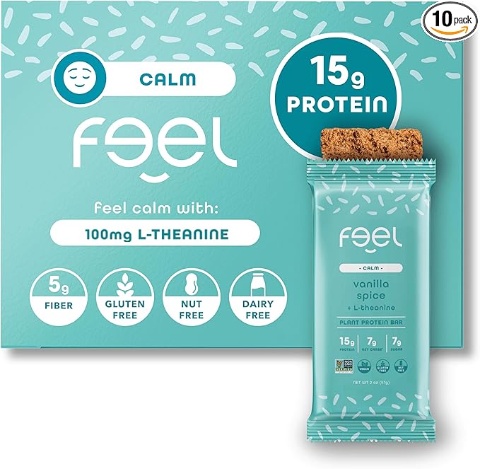 Feel Vegan Protein Bars, Calm, Kava, 15g Protein, Adaptogenic Snack, Organic, Low Sugar, Low Carb, Gluten Free, Dairy, Nut, Grain, Soy Free, Vanilla Spice, 10 Pack