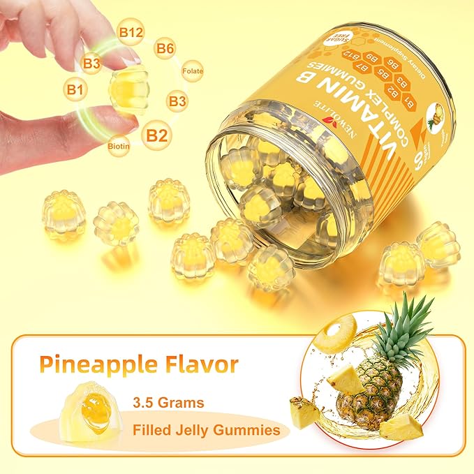 2 Pack Vitamin B Complex Gummies for Women Pineapple Flavor Daily Vitamin C B1,B2,B3,B5,B6,B7,B9,B12 Biotin Folate Supports Energy, Mood, Immune System Sugar-Free Vegan Work Adults(120Count)