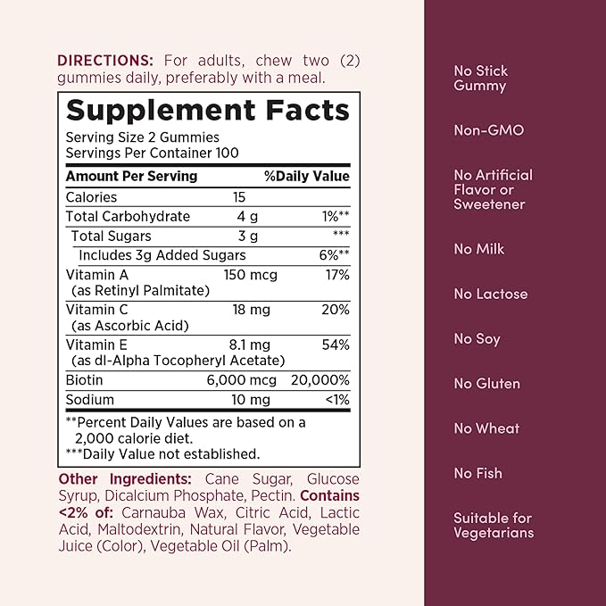 Nature's Bounty Optimal Solutions Advanced Hair, Skin and Nails Pectin Gummies, 2X Biotin Per Serving, No Stick Gummy, Vegetarian Formula, Strawberry Flavor, 200 ct, 100 Total Servings (Pack of 3)