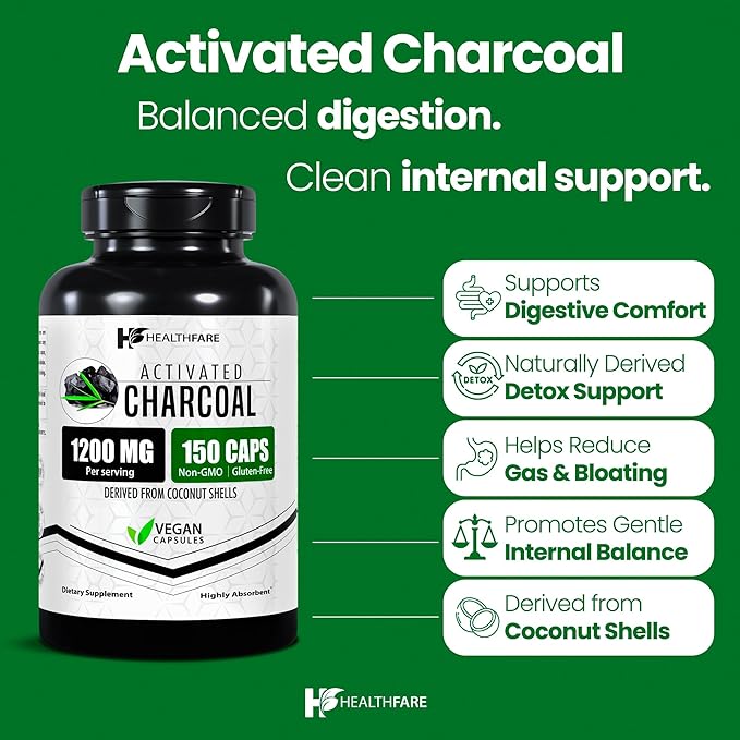 Activated Charcoal Capsules 1200 mg | 150 Vegan Capsules | Coconut-Sourced Charcoal | Natural Internal Cleanse Support | Non-GMO & Gluten-Free | Made in USA