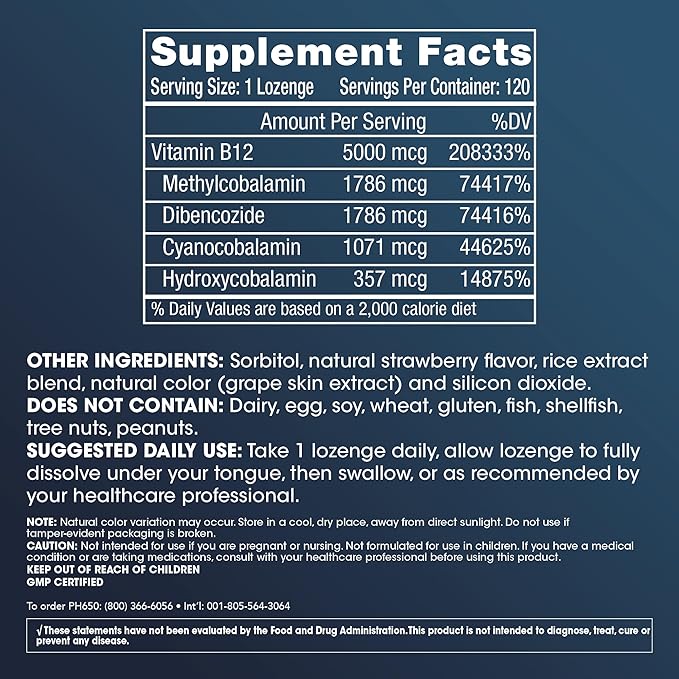 ProHealth Longevity Vitamin B12 Metabolism and Methylation Support. Enhance Energy, Brain and Mood. Potent Methyl Donor Nutrient to Promote DNA Repair. 5,000 mcg Per Serving, 120 Lozenges