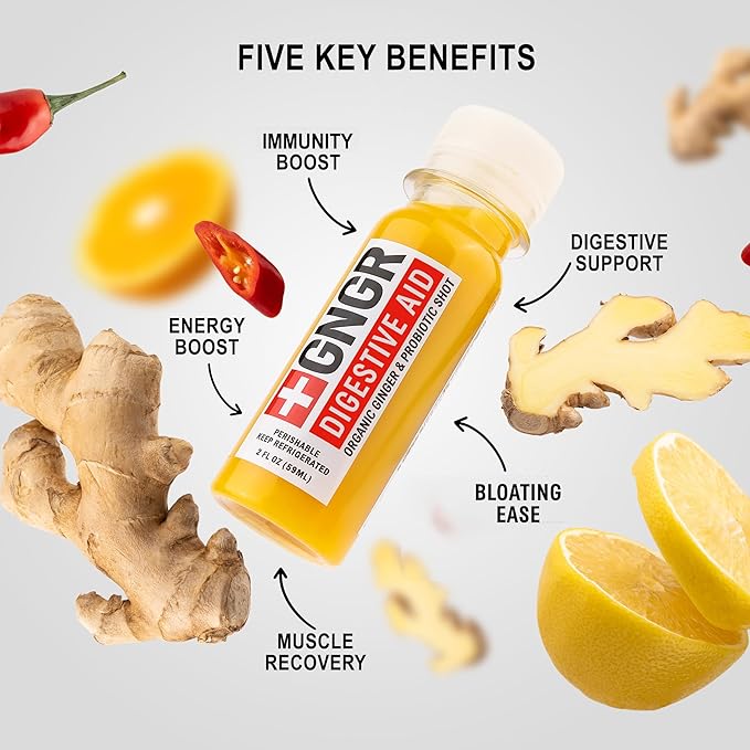 +GNGR Digestive Aid Organic Ginger Shots with Probiotics, Gut Health, Colon Cleanse, Bloating Relief, Gut Detox, Immunity Shots with Ginger Juice, Turmeric, Black Pepper. 2 fl oz (Pack of 12)