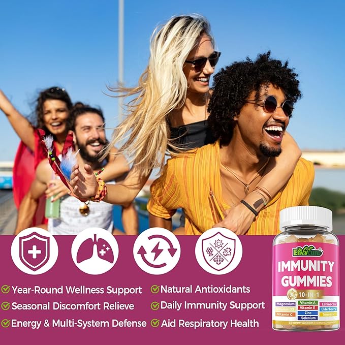 10 in 1 Immune Support Supplement Gummies, w/Echinacea, Elderberry Vitamin C and Zinc, Selenium, Vitamin D3 5000IU, Magnesium, Daily Immune Booster Multivitamin, for Antioxidant Bone Energy, 2 Pack