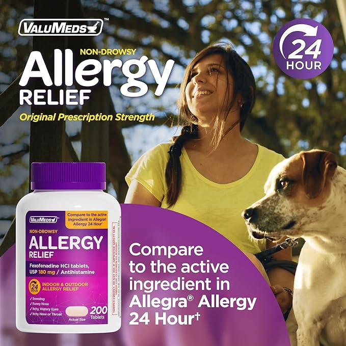 ValuMeds 24-Hour Allergy Relief Fexofenadine Hydrochloride 180mg | Non-Drowsy Antihistamine Generic Medicine for Allergies, Hay Fever, Itchy Eyes for Kids, Adults | Compare to Allegra (200-Count)