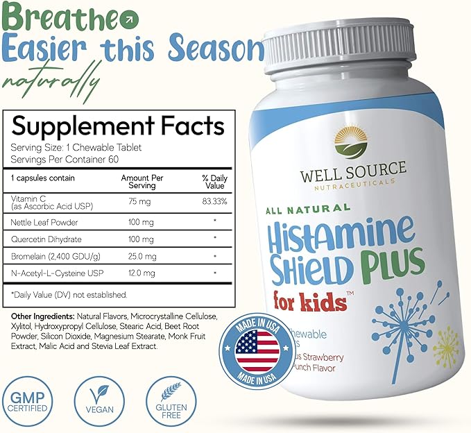 Natural Antihistamine Supplement, Sinus & Allergy Relief for Pollen, Pet Dander, Dust, Mold, and Odors, 60 Strawberry Fruit Punch Chewable Tablets