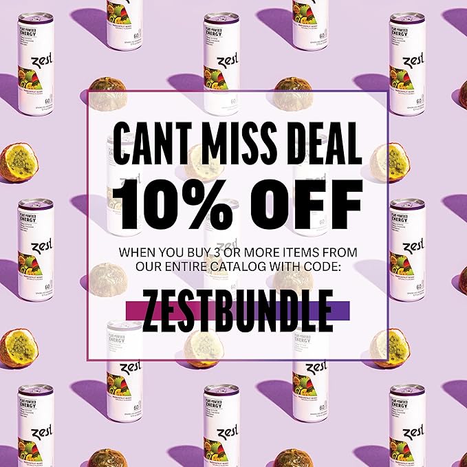 Zest Clean Energy Drink – Passionfruit Berry – 150mg Caffeine + 100mg L-Theanine – Natural Focus & Concentration Boost – Healthy Energy Drink 12oz Can 12 Pack – Low Sugar, No Artificial Sweeteners