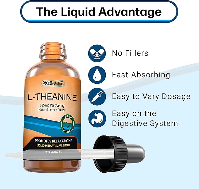 SBR Nutrition Liquid L-Theanine Drops | All Natural, Vegan, Alcohol Free, Non-GMO | for Sleep Aid, Calm, Relaxation, Focus Without Drowsiness | Synergistic with Coffee or Caffeine