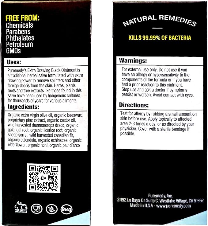 Puremedy Black Drawing Ointment- Natural Drawing Salve for Wounds, Burns, Cysts, and Skin Irritations - Organic First Aid Ointment for Adults, Kids, and Pets (0.5 oz)