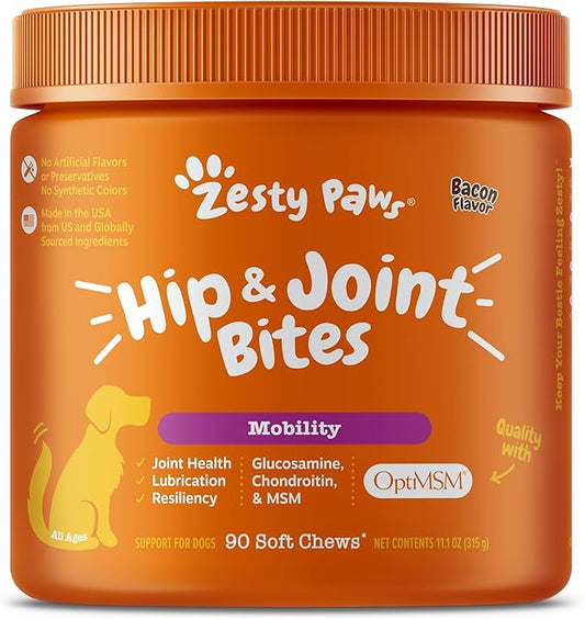Zesty Paws Hip and Joint for Dogs, Glucosamine for Dogs Hip and Joint Supplement with Chondroitin, MSM, Vitamins C & E - Bacon, 90 Count