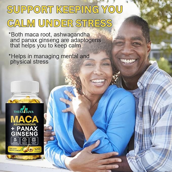 3 in 1 Ashwagandha + Maca Root + Panax Ginseng - Natural Supplement for Energy, Stamina, and Stress Support, 120 Softgels