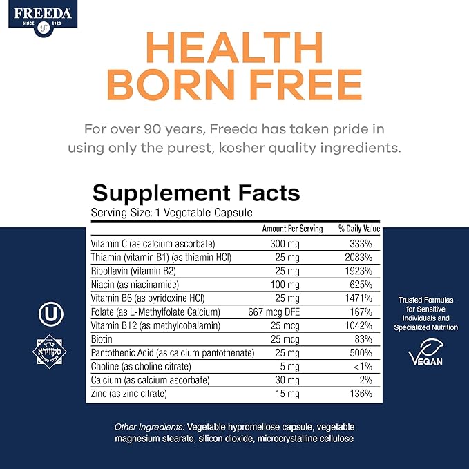 FREEDA Vitamin B Complex with Vitamin C & Zinc – Stress B Complex, Methylfolate & Active B12 + B1 B2 B3 B6 Biotin Choline – BComplex Vitamins for Women & Men – SCD Legal, Kosher, Vegan (60 Capsules)