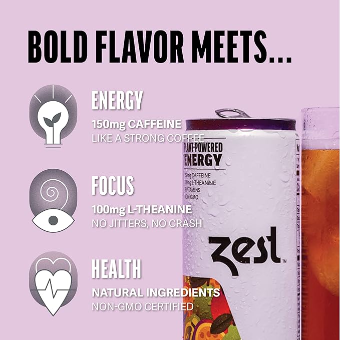 Zest Clean Energy Drink – Passionfruit Berry – 150mg Caffeine + 100mg L-Theanine – Natural Focus & Concentration Boost – Healthy Energy Drink 12oz Can 12 Pack – Low Sugar, No Artificial Sweeteners