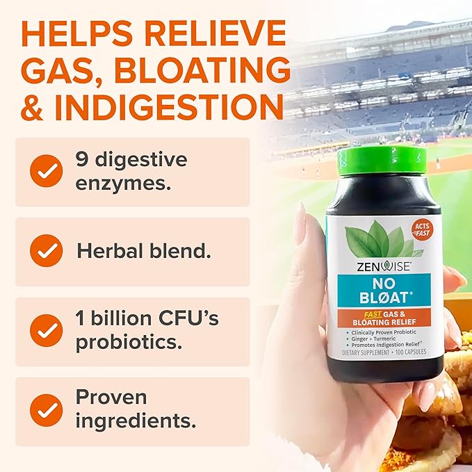 Zenwise Health No Bloat Digestive Enzymes for Gut Health, Gas & Bloating Relief - Multi Enzymes Digestion Supplement with Probiotics, Ginger, Turmeric Dandelion & Lactase - Men & Women - 100 Count