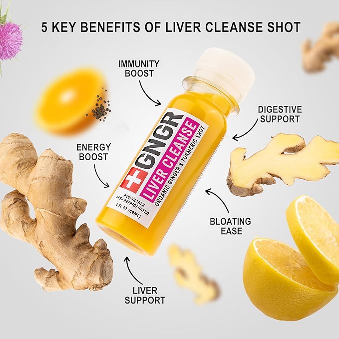 +GNGR Liver Cleanse Detox & Repair, Cold-Pressed Ginger Shot with Organic Milk Thistle Supplement, Dandelion, Turmeric, Immunity Shot for All Natural Liver Support & Digestion, 2 fl oz (Pack of 12)
