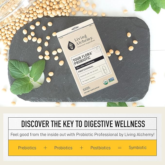 Living Alchemy Gut Health Supplements for Men & Women - Your Flora Probiotic Professional Digestion Supplement with Fermented Soybean, Prebiotics, Digestive Enzyme - Vegan, Non-GMO, 60 Pcs