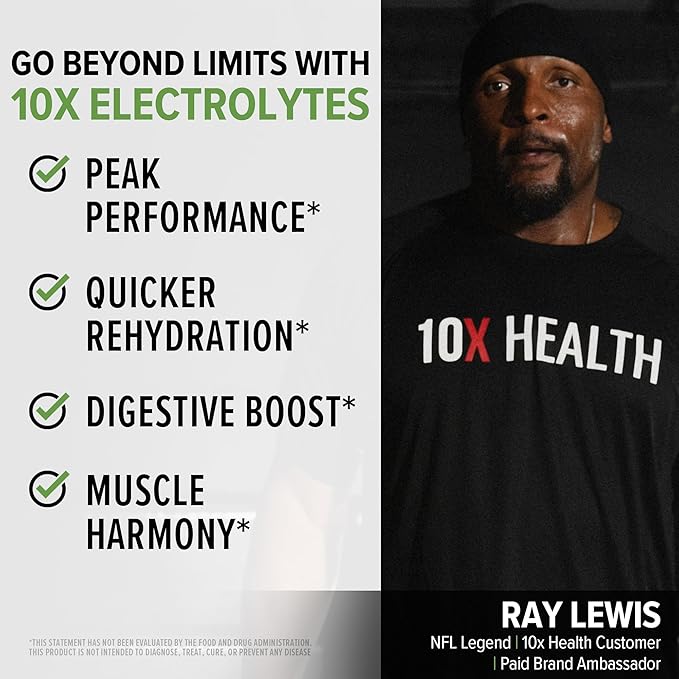 10X Health Electrolytes Powder Drink Mix Lemon Lime - Hydration Packets w/Potassium, Magnesium & Mediterranean Sea Salt - Sugar-Free Electrolytes Powder - Non-GMO Electrolyte Packets - 30 Stickpacks