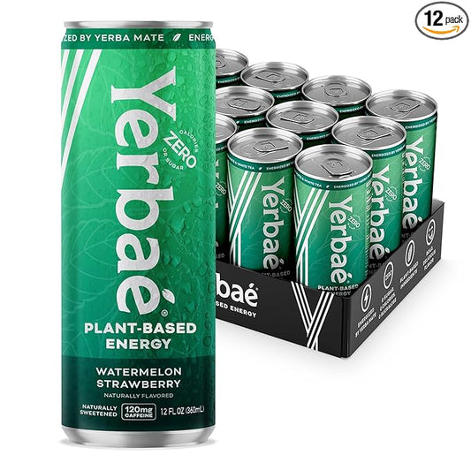 Yerbaé Energy Beverage, Watermelon Strawberry, 120mg Caffeine. No Sugar/Calories/Carbs, Energized by Yerba Mate, Plant-Based, Healthy Alternative to Sugary Drinks, Pack of 12, 12oz cans