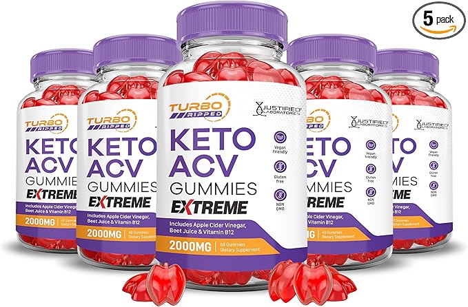 (5 Pack) Turbo Ripped Keto ACV Gummies Extreme 2000MG Turbo Ripped Keto Gummies Apple Cider Vinegar Formulated with Pomegranate Beet Juice Powder B12 Vegan Non GMO 300 Gummys