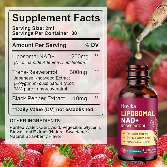 2 Pack Liposomal NAD Supplement - 1200mg NAD+ Liquid Drops for Women & Men with Resveratrol, Black Pepper Extract - Support Anti-Aging, Brain & Cellular Mitochondrial Health - Strawberry Flavor